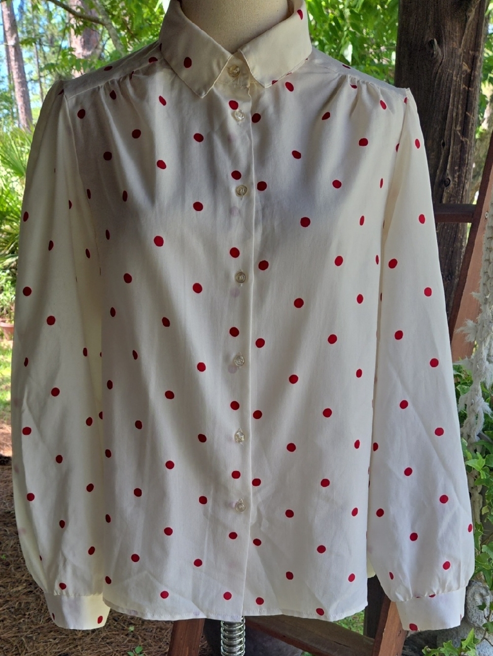 Lady Arrow Vintage Cream With Red Polka Dots Button Front Blouse Size 12